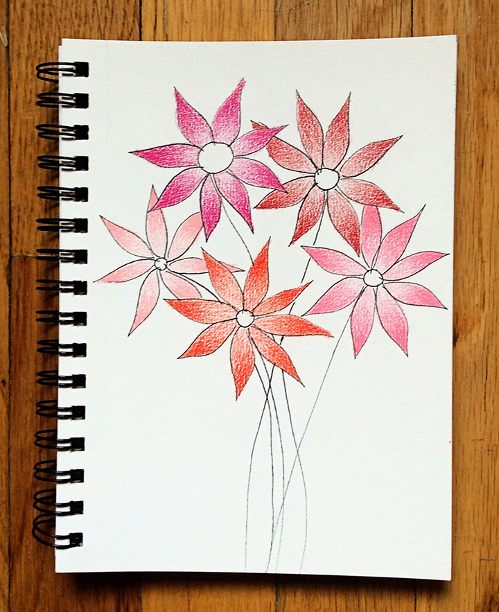 Hand drawn flowers with pen and markers and colored pencils