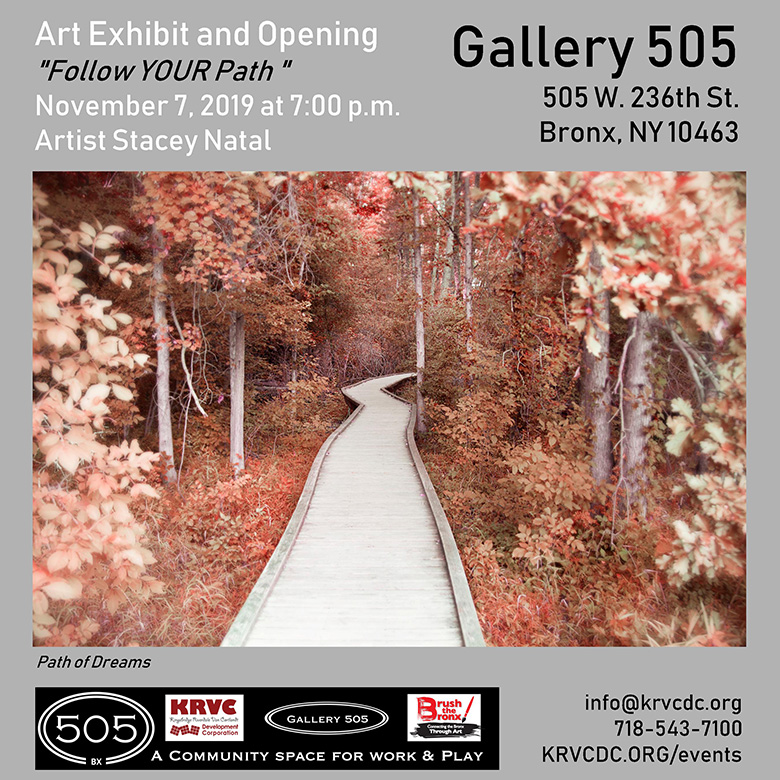 Art exhibit and opening at Gallery 505 featuring work from artist Stacey Natal - Follow Your Path  November 2019