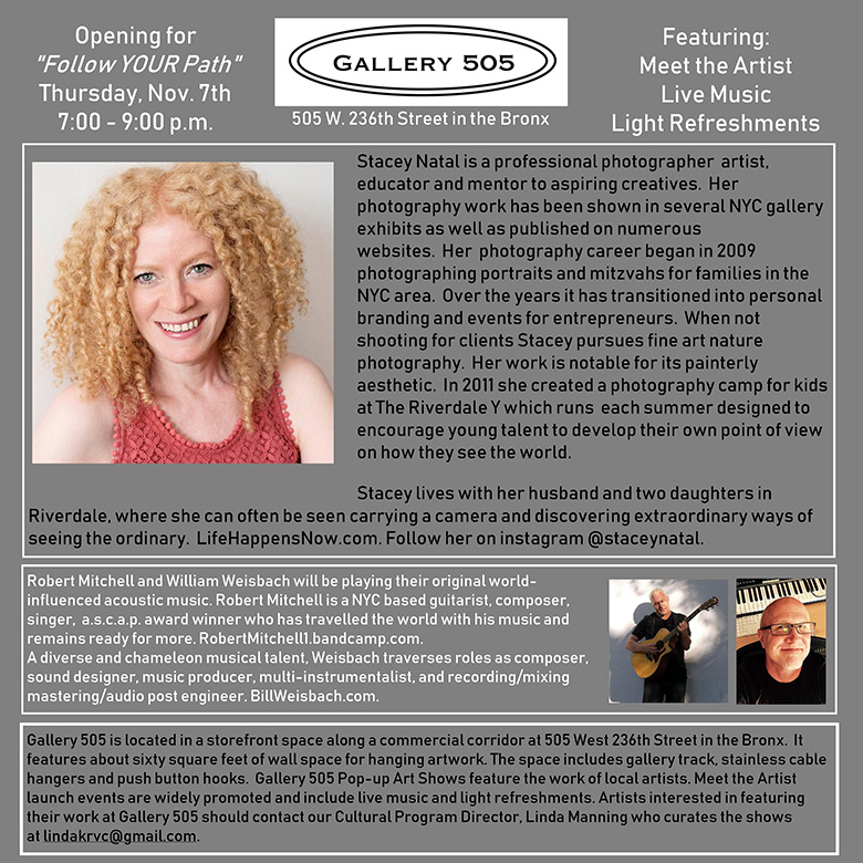 Art exhibit and opening at Gallery 505 featuring work from artist Stacey Natal - Follow Your Path  November 2019